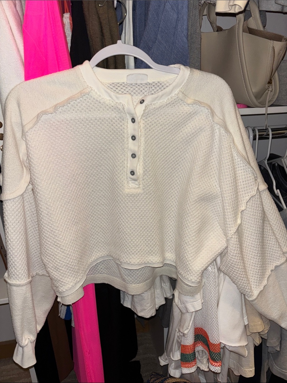 Urban Outfitters Cream Waffle-Knit Henley Sweatshirt